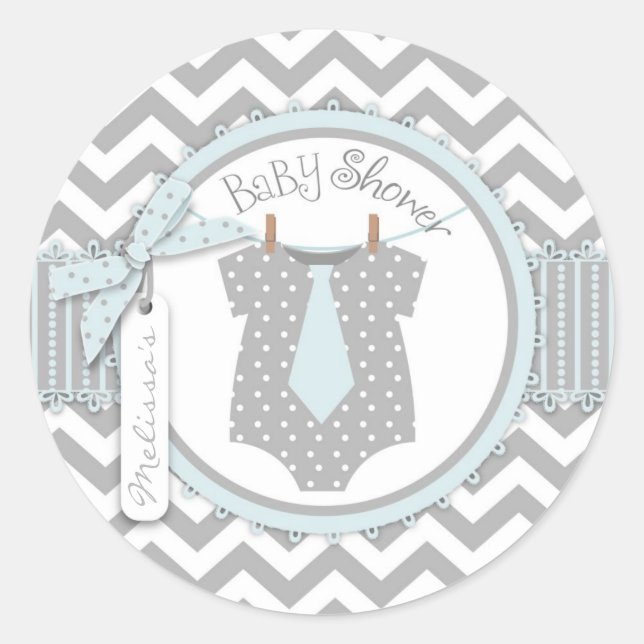 Pegatina Redonda Baby Boy Tie Chevron Print Baby Shower (Anverso)