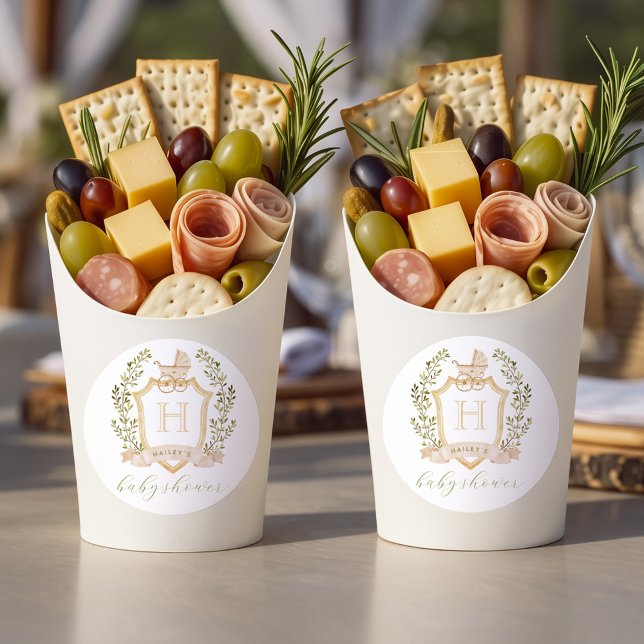 Pegatina Redonda Baby Carriage Crest Monogram | Neutral Baby Shower (Subido por el creador)