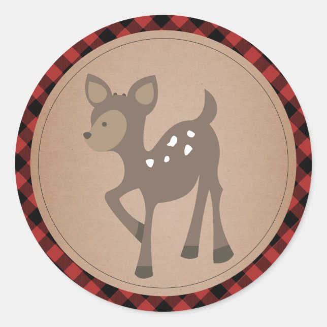 Pegatina Redonda Baby Deer Plaid Baby Shower (Anverso)