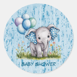 Pegatina Redonda Baby Elephant and Wildflower Boy Baby Shower