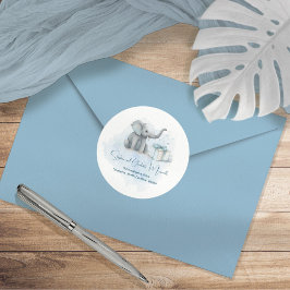Pegatina Redonda Baby Elephant Blue Baby Shower Return Address