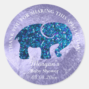Pegatina Redonda Baby Elephant Shower Favor Gracias Purpurina Azul