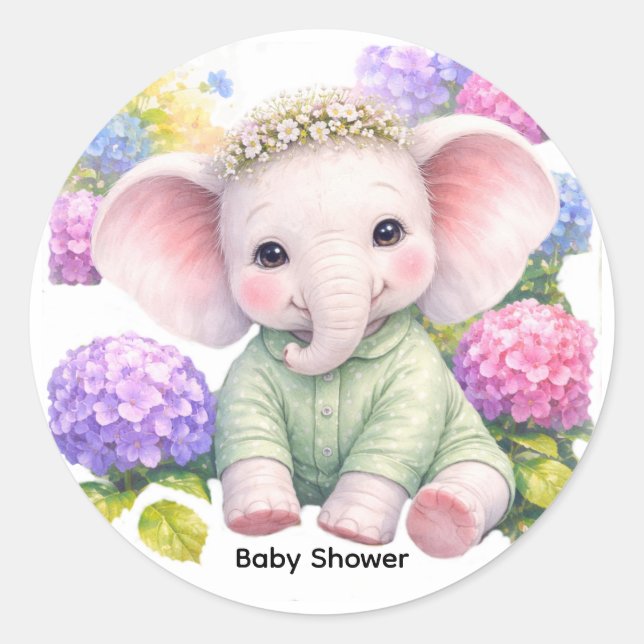 Pegatina Redonda Baby Elephant with Hydrangeas Baby Shower  (Anverso)