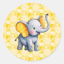 Pegatina Redonda Baby Elephant Yellow Polka Dot Ears Baby Shower