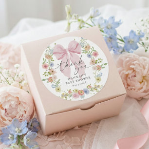 Pegatina Redonda Baby en Flor Pink Bow Baby Shower