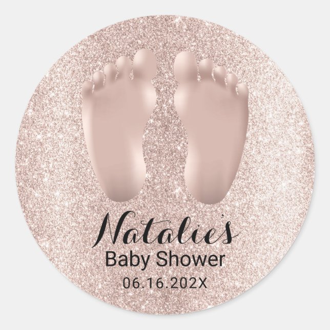 Pegatina Redonda Baby Feet Rosa Gold Favor de Baby Shower Gracias (Anverso)