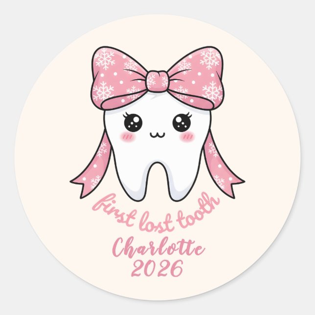 Pegatina Redonda Baby First Tooth Pink Bow Milestone Kawaii Tooth (Anverso)