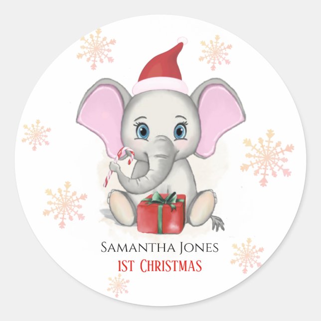 Pegatina Redonda Baby Girl First Christmas Cute Elephant Holidays (Anverso)