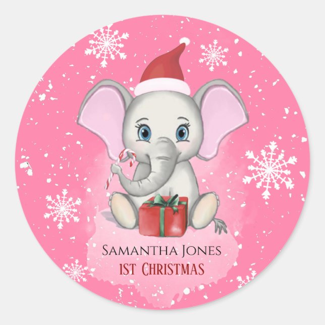 Pegatina Redonda Baby Girl First Christmas Cute Elephant Holidays (Anverso)