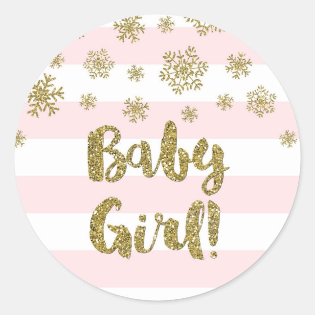 Pegatina Redonda Baby Girl Pink Stripe Gold Snow Winter Baby Shower (Anverso)