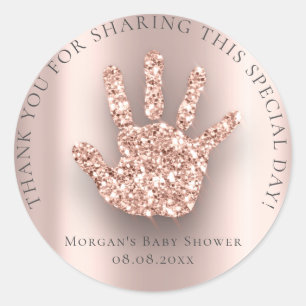 Pegatina Redonda Baby Hand Shower Favor Gracias Purpurina Rosa