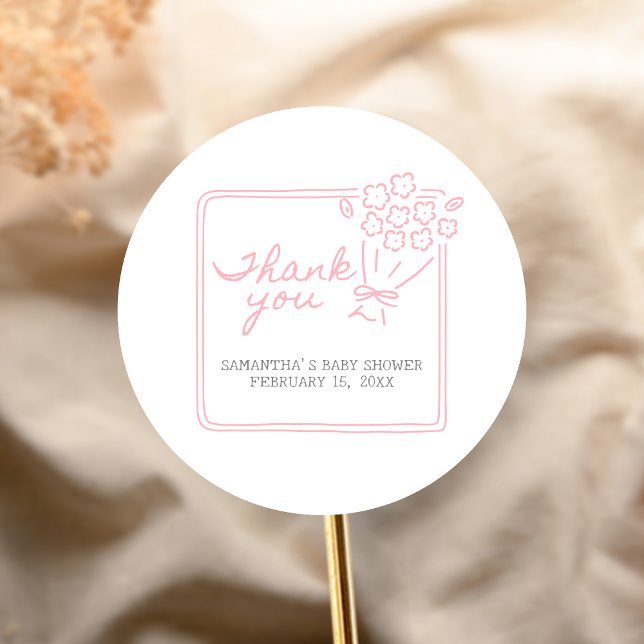 Pegatina Redonda Baby In Bloom Baby Shower (Hand Drawn Baby in Bloom Baby Shower Sticker)