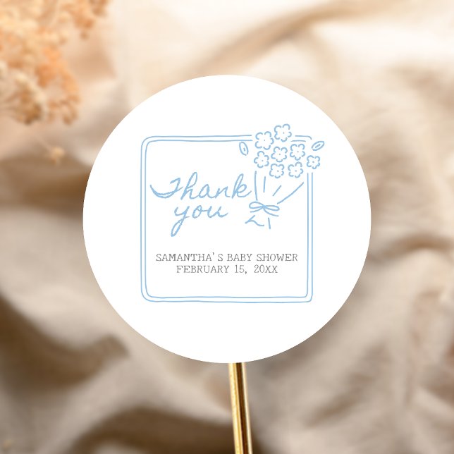 Pegatina Redonda Baby In Bloom Baby Shower (Blue Hand Drawn Baby in Bloom Baby Shower Sticker)