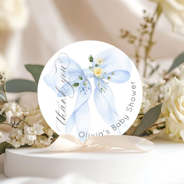 Pegatina Redonda Baby in Bloom Blue Bow Floral Gracias (Subido por el creador)