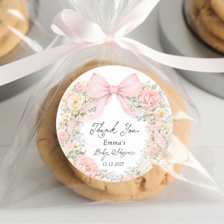 Pegatina Redonda Baby in Bloom Blush Pink Bow Thank You