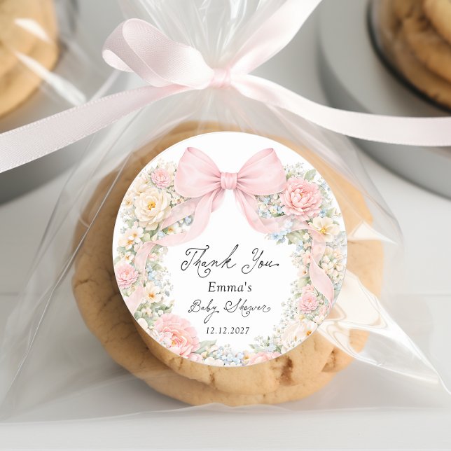 Pegatina Redonda Baby in Bloom Blush Pink Bow Thank You (Subido por el creador)