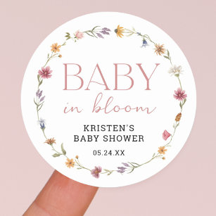 Pegatina Redonda Baby In Bloom Floral Wildflower Chica Baby Shower
