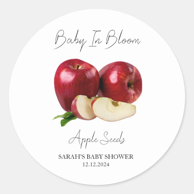 Pegatina Redonda Baby In Bloom l Apple Seed Baby Shower (Anverso)