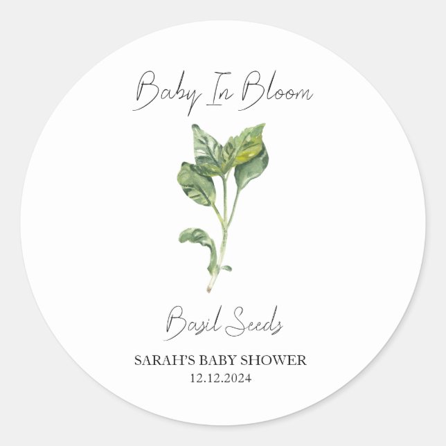 Pegatina Redonda Baby In Bloom l Basil Semillas Baby Shower (Anverso)