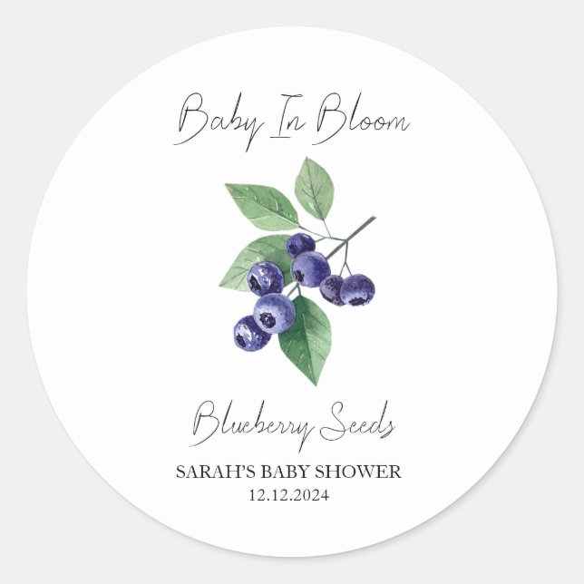 Pegatina Redonda Baby In Bloom l Blueberry Seed Baby Shower (Anverso)