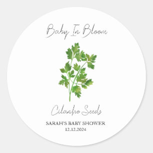 Pegatina Redonda Baby In Bloom l Cilantro Semillas Baby Shower
