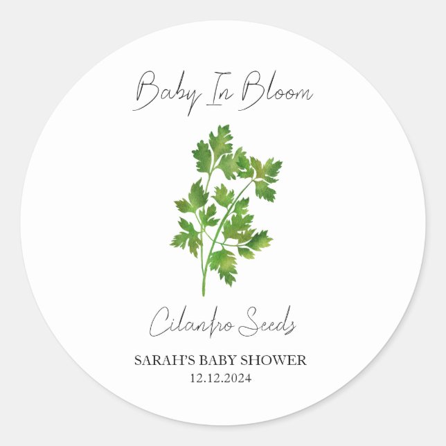 Pegatina Redonda Baby In Bloom l Cilantro Semillas Baby Shower (Anverso)