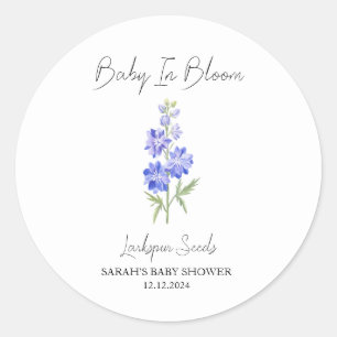 Pegatina Redonda Baby In Bloom l Larkspur Semillas Baby Shower