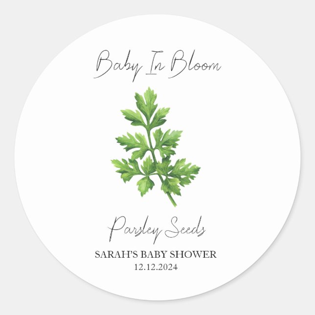 Pegatina Redonda Baby In Bloom l Parsley Seeds Baby Shower (Anverso)