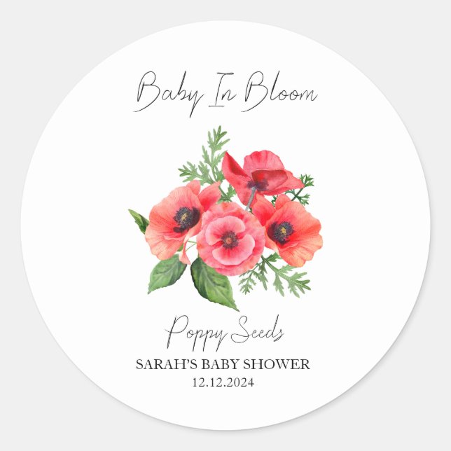 Pegatina Redonda Baby In Bloom l Poppy Seed Baby Shower (Anverso)
