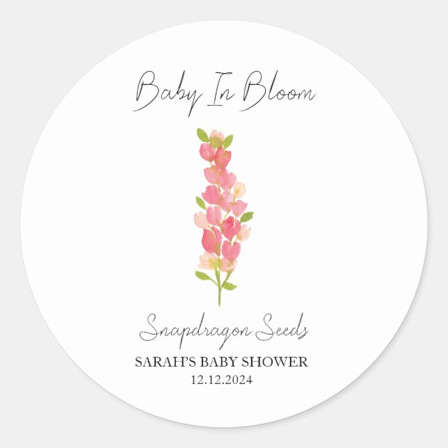 Pegatina Redonda Baby In Bloom l Snapdragon Seed Baby Shower (Anverso)