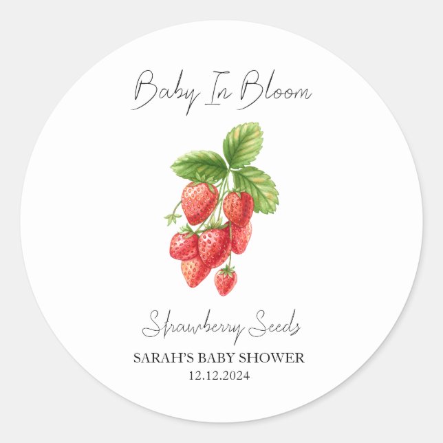 Pegatina Redonda Baby In Bloom l Strawberry Seed Baby Shower (Anverso)