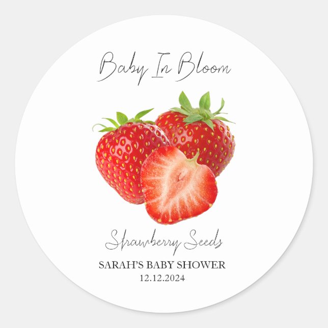 Pegatina Redonda Baby In Bloom l Strawberry Seed Baby Shower (Anverso)