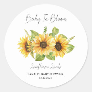 Pegatina Redonda Baby in Bloom l Sunflower Seeds Baby Shower
