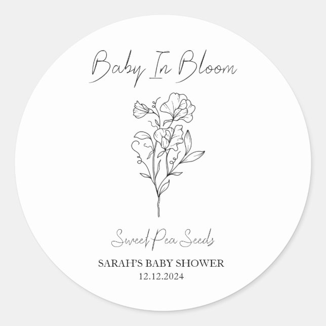 Pegatina Redonda Baby in Bloom l Sweet Pea Seeds Baby Shower (Anverso)