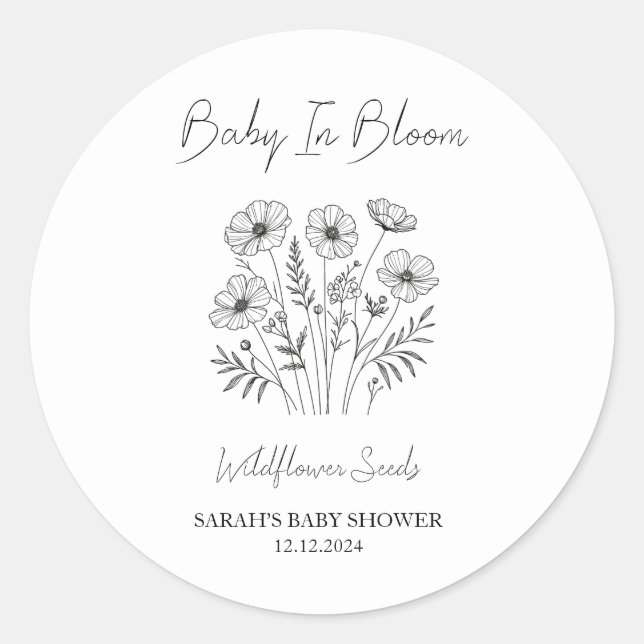 Pegatina Redonda Baby In Bloom l Wildflower Seeds Baby Shower (Anverso)