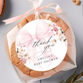 Pegatina Redonda Baby In Bloom Pink Bow Baby Shower Sticker