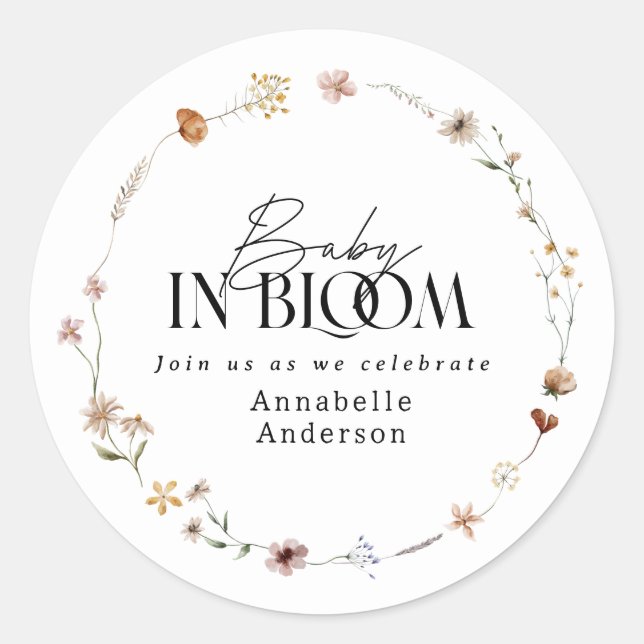 Pegatina Redonda Baby in bloom wildflower baby shower invitation (Anverso)