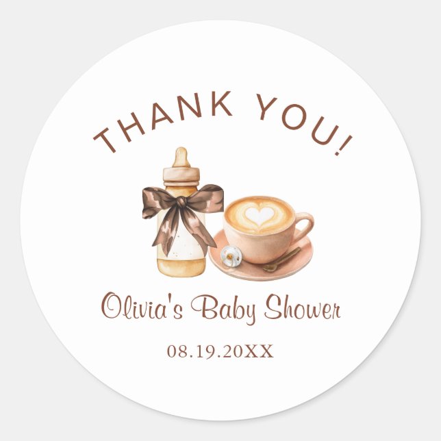 Pegatina Redonda Baby Is Brewing Coffee Baby Shower Thank You (Anverso)
