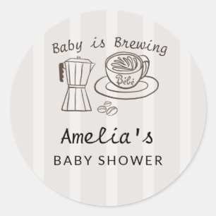 Pegatina Redonda Baby is Brewing Stripes Baby Shower