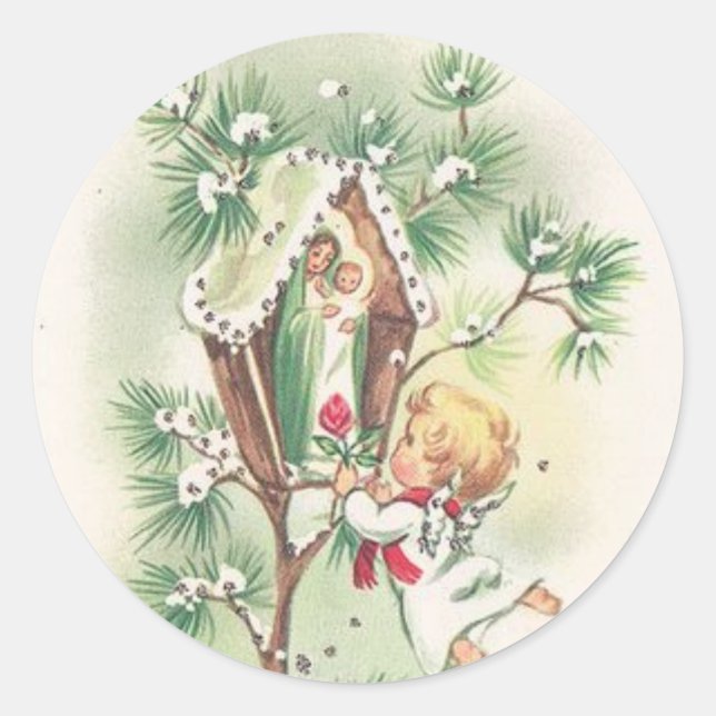 Pegatina Redonda Baby Jesus Manger Navidades Belbon Ribbon (Anverso)