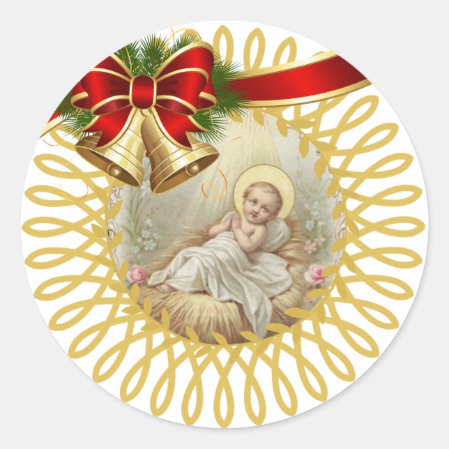 Pegatina Redonda Baby Jesus Manger Navidades Belbon Ribbon (Anverso)
