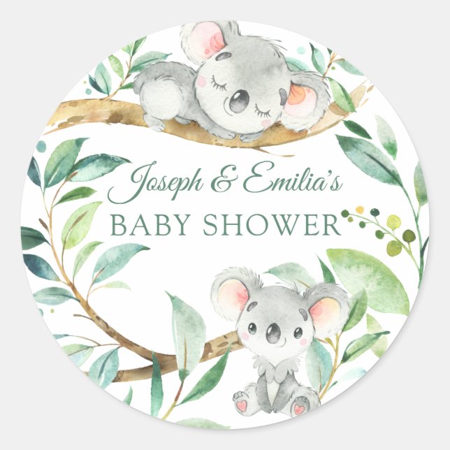 Pegatina Redonda Baby Koala Bear Baby Shower (Anverso)