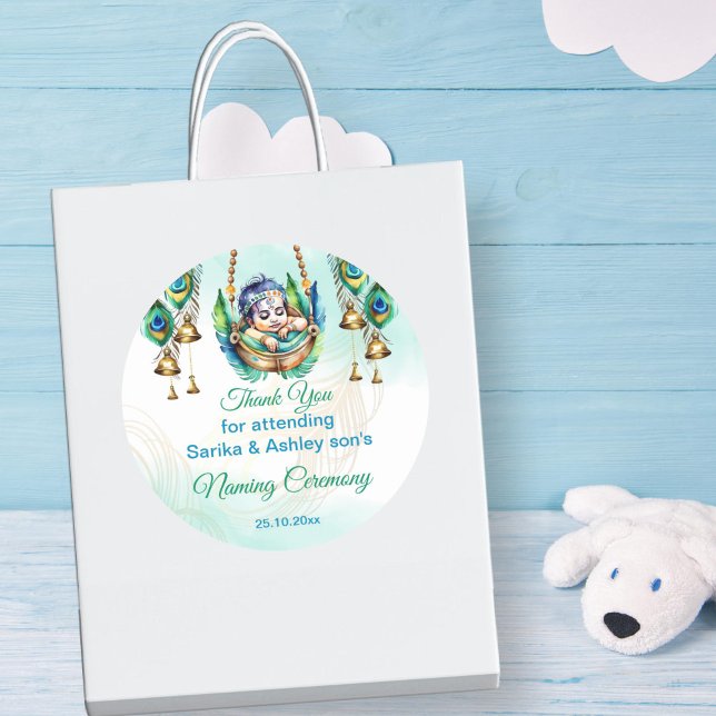 Pegatina Redonda Baby Krishna Naming Namkaran Cradle Ceremony (Baby Krishna baby naming cradle namkarana ceremony favor gift thank you stickers cute peacock cradle)