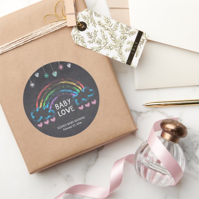 Pegatina Redonda Baby Love Chalkboard Hearts & Rainbow Baby Shower (Regalar)