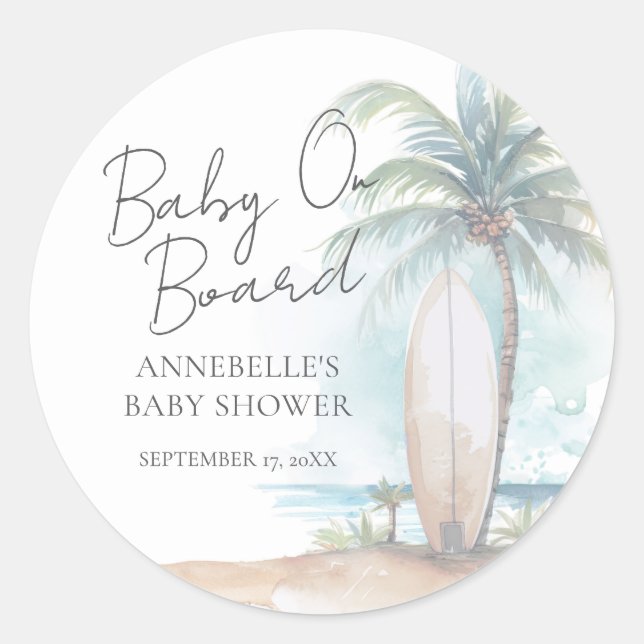 Pegatina Redonda Baby On Board Beach Baby Shower (Anverso)