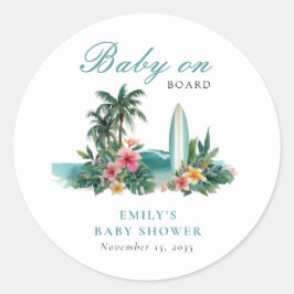 Pegatina Redonda Baby On Board Surf Beach Baby Shower