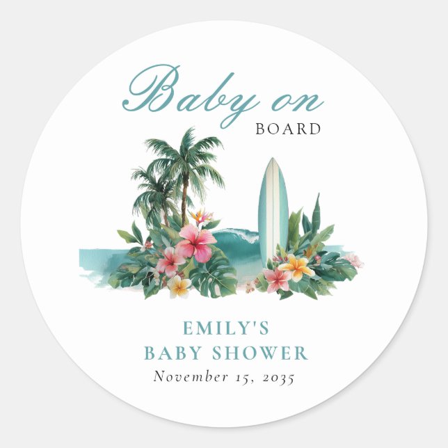 Pegatina Redonda Baby On Board Surf Beach Baby Shower (Anverso)