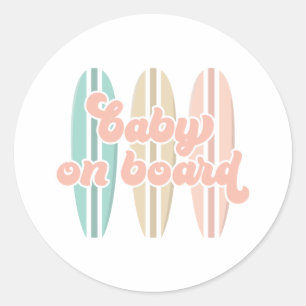 Pegatina Redonda Baby on Board Surfboard Beach Baby Shower Classic
