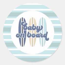 Pegatina Redonda Baby on Board Surfboard Beach Baby Shower Classic