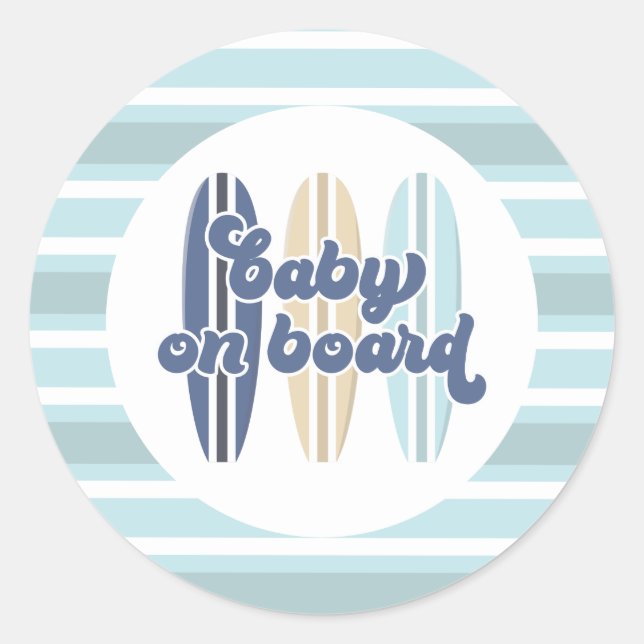 Pegatina Redonda Baby on Board Surfboard Beach Baby Shower Classic (Anverso)